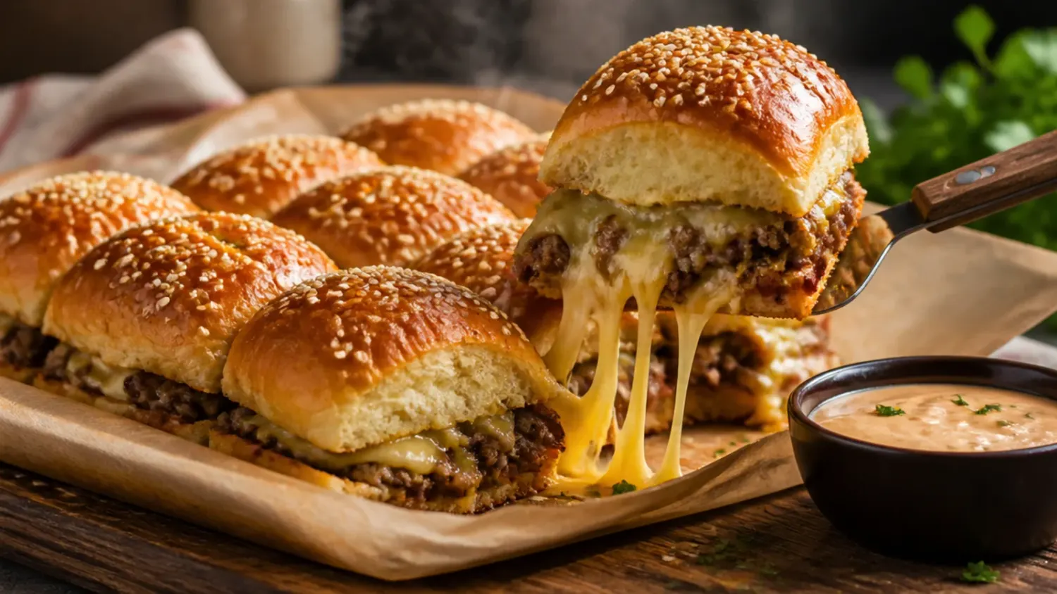 Overhead shot of golden baked burger sliders on Hawaiian rolls in a baking dish, melted cheese pulling between the buns