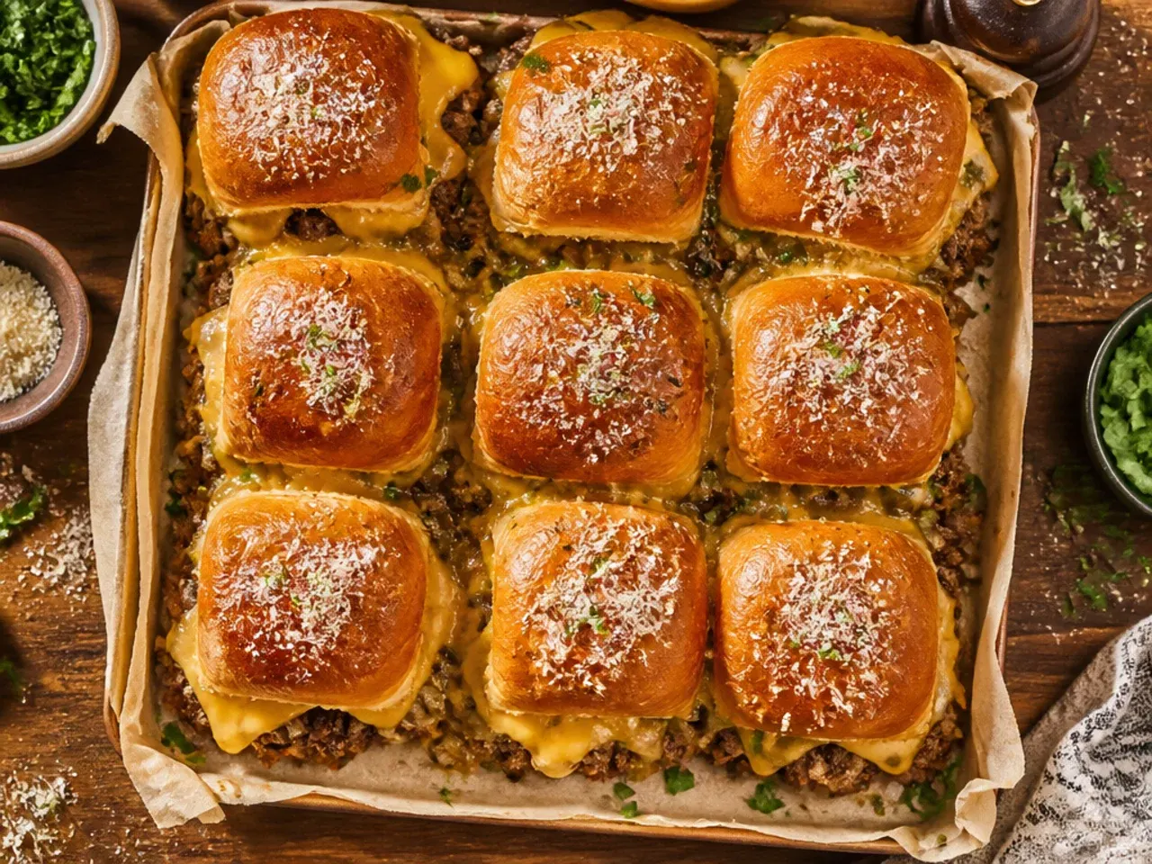 Close-up of a classic cheeseburger slider on a Hawaiian roll with melted American cheese