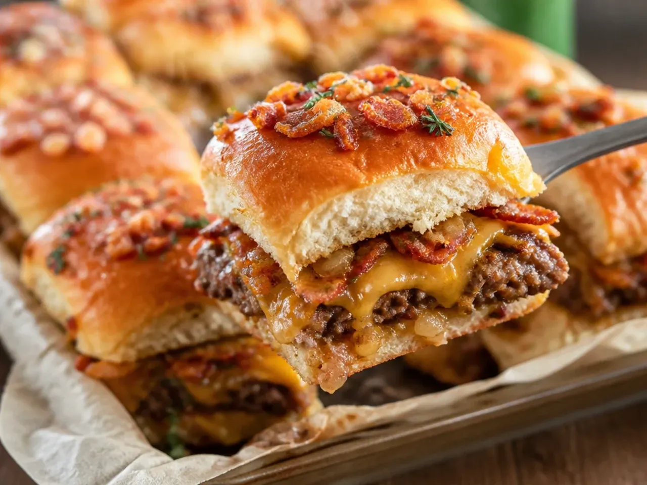 Bacon cheeseburger sliders with crispy bacon crumbled over melted smoked cheddar