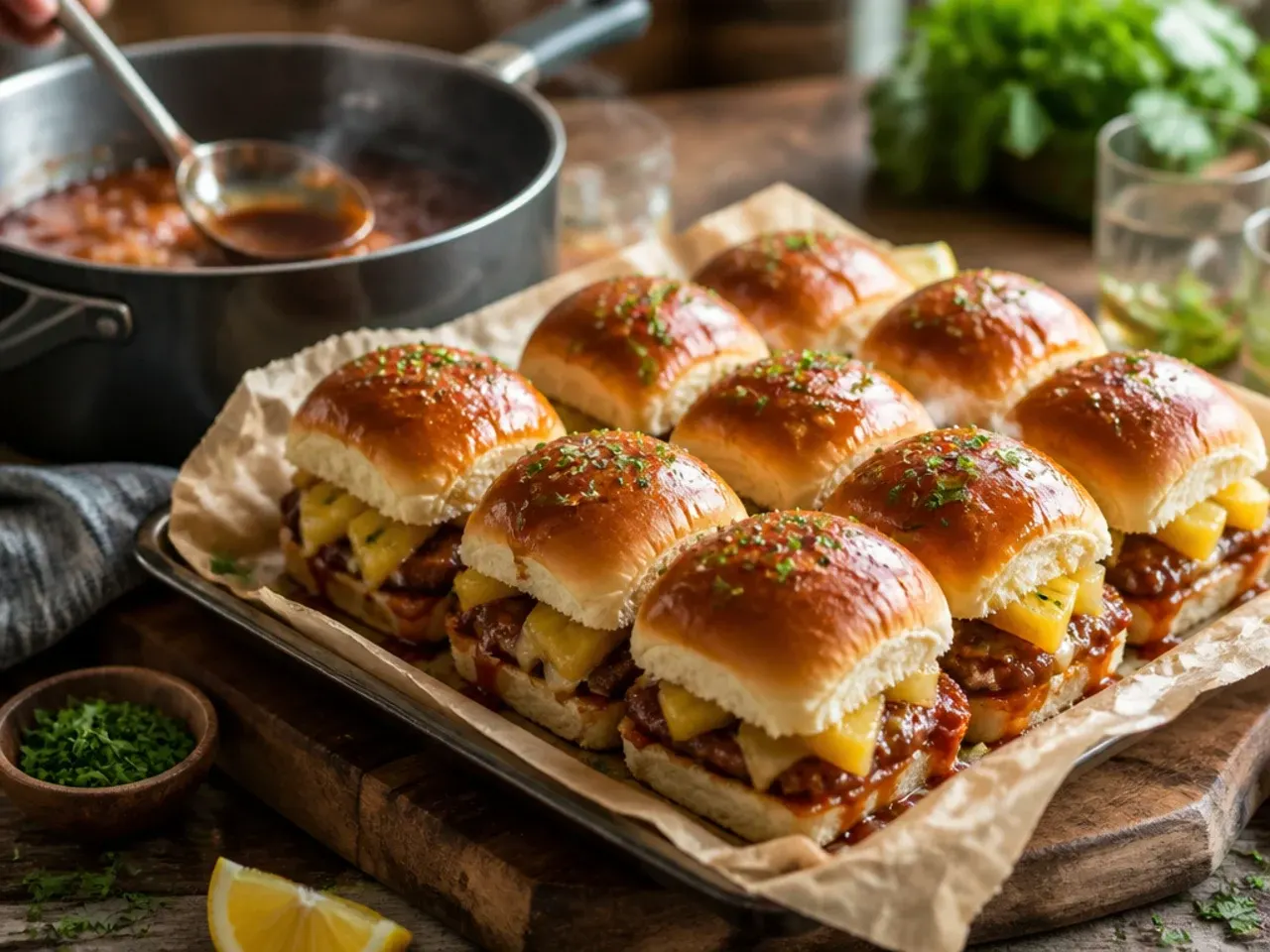 Teriyaki pineapple sliders with melted mozzarella and toasted sesame seeds