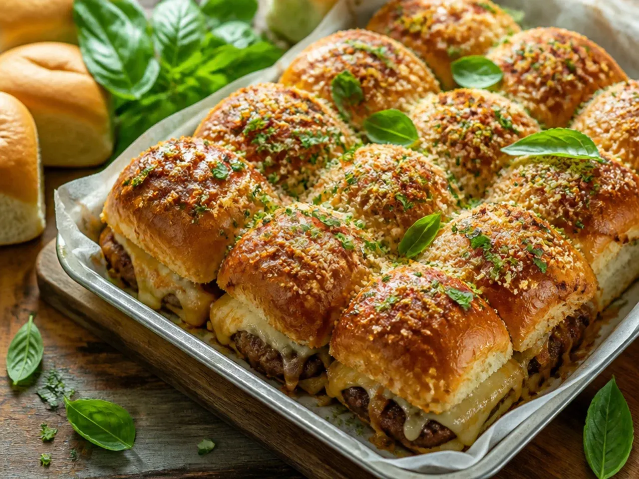 Simple five-ingredient beef and cheese sliders fresh out of the oven