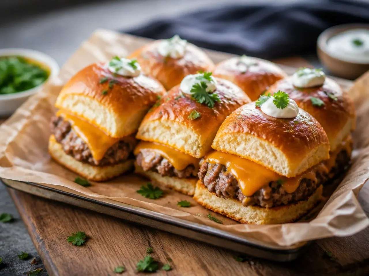 Double cheese sliders with American cheese underneath and melted cheddar on top