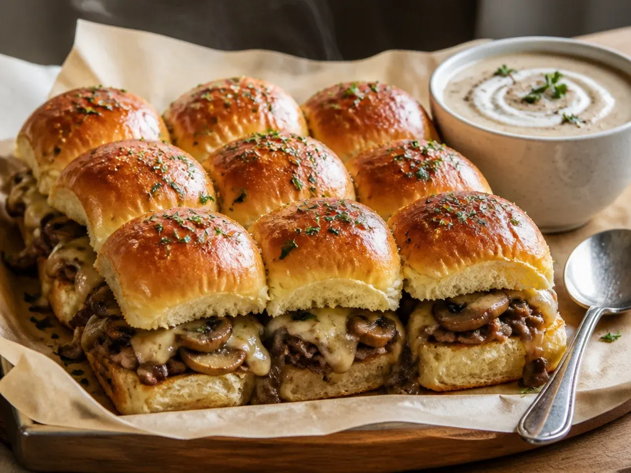 Sauteed mushrooms and melted Swiss cheese piled onto beef sliders