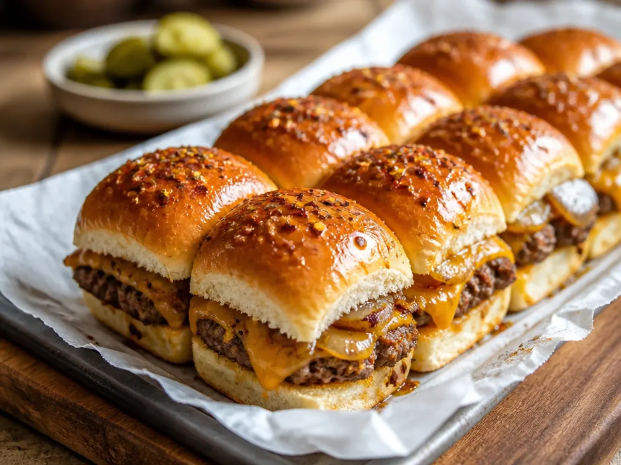 Foil-wrapped tray of assembled Hawaiian roll sliders ready for the freezer