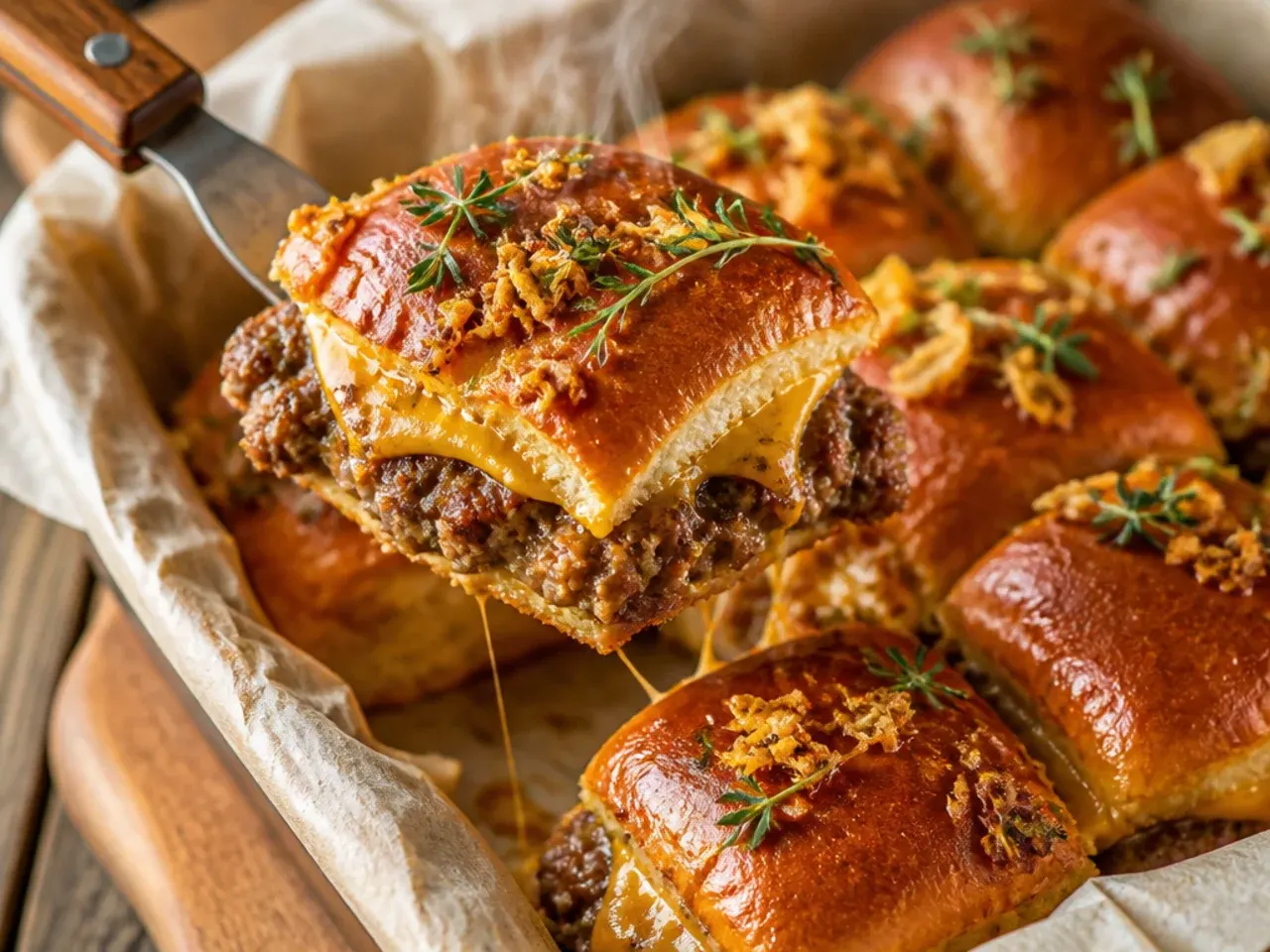 Small smashed beef patties browning in a cast iron skillet for rustic sliders
