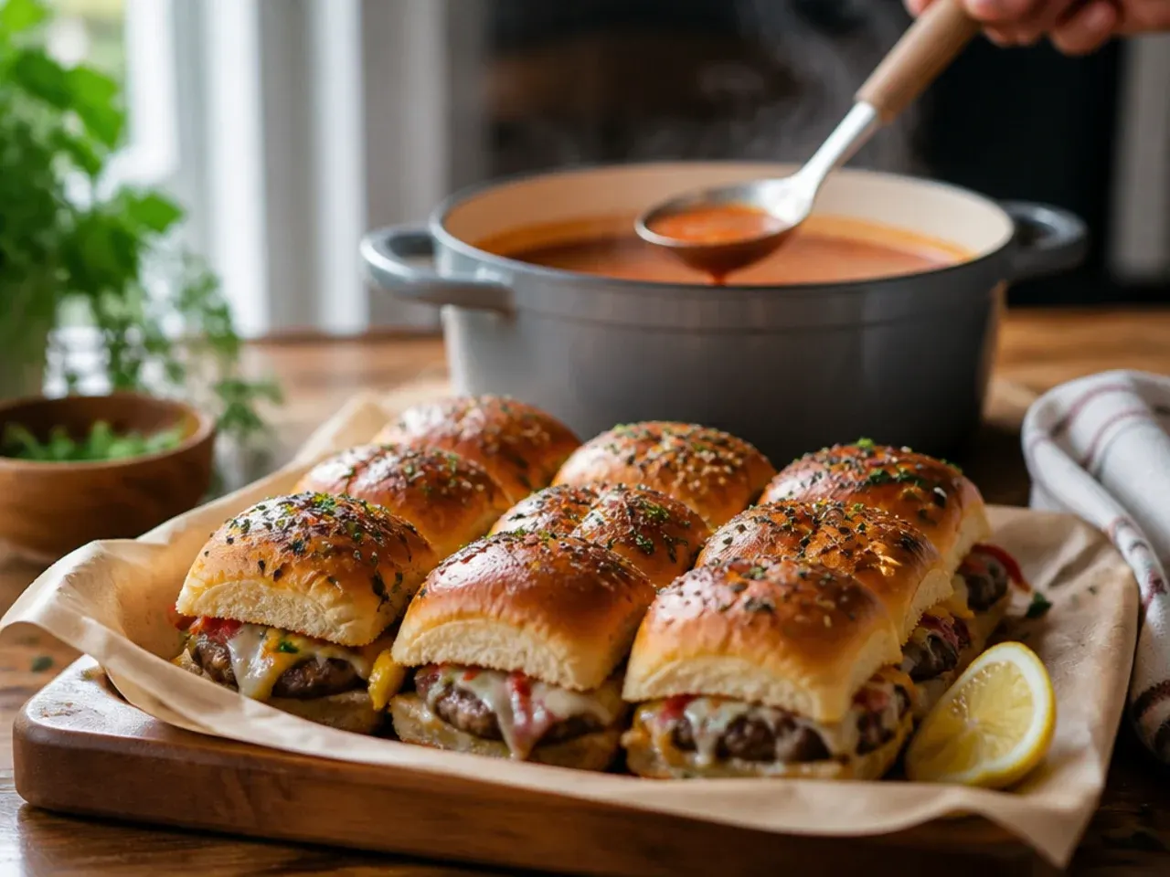 Loaded sliders piled high with bacon, pickles, onions, and two cheeses