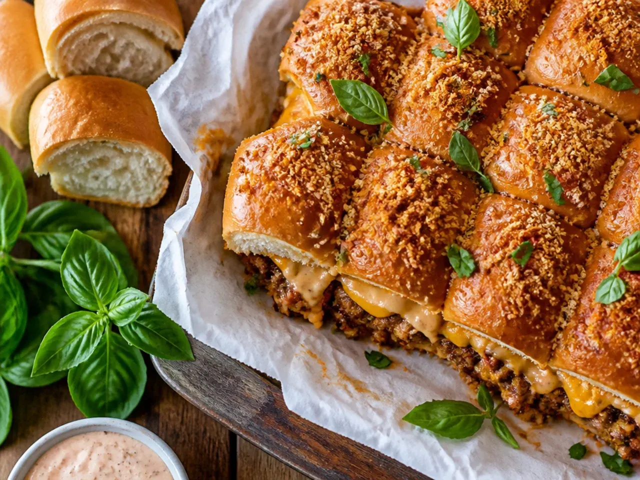 Signature burger sauce being spread across a slab of Hawaiian rolls