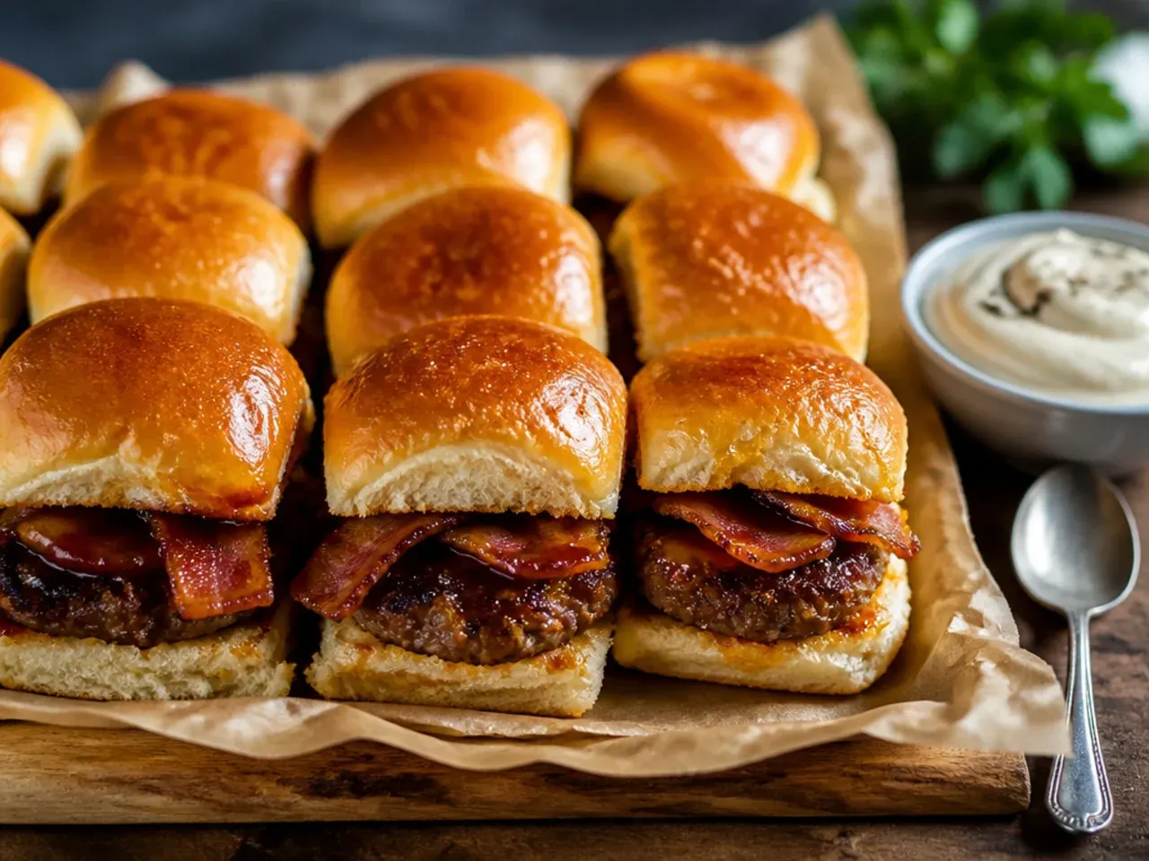 BBQ bacon sliders with a glossy caramelized sauce glaze on top