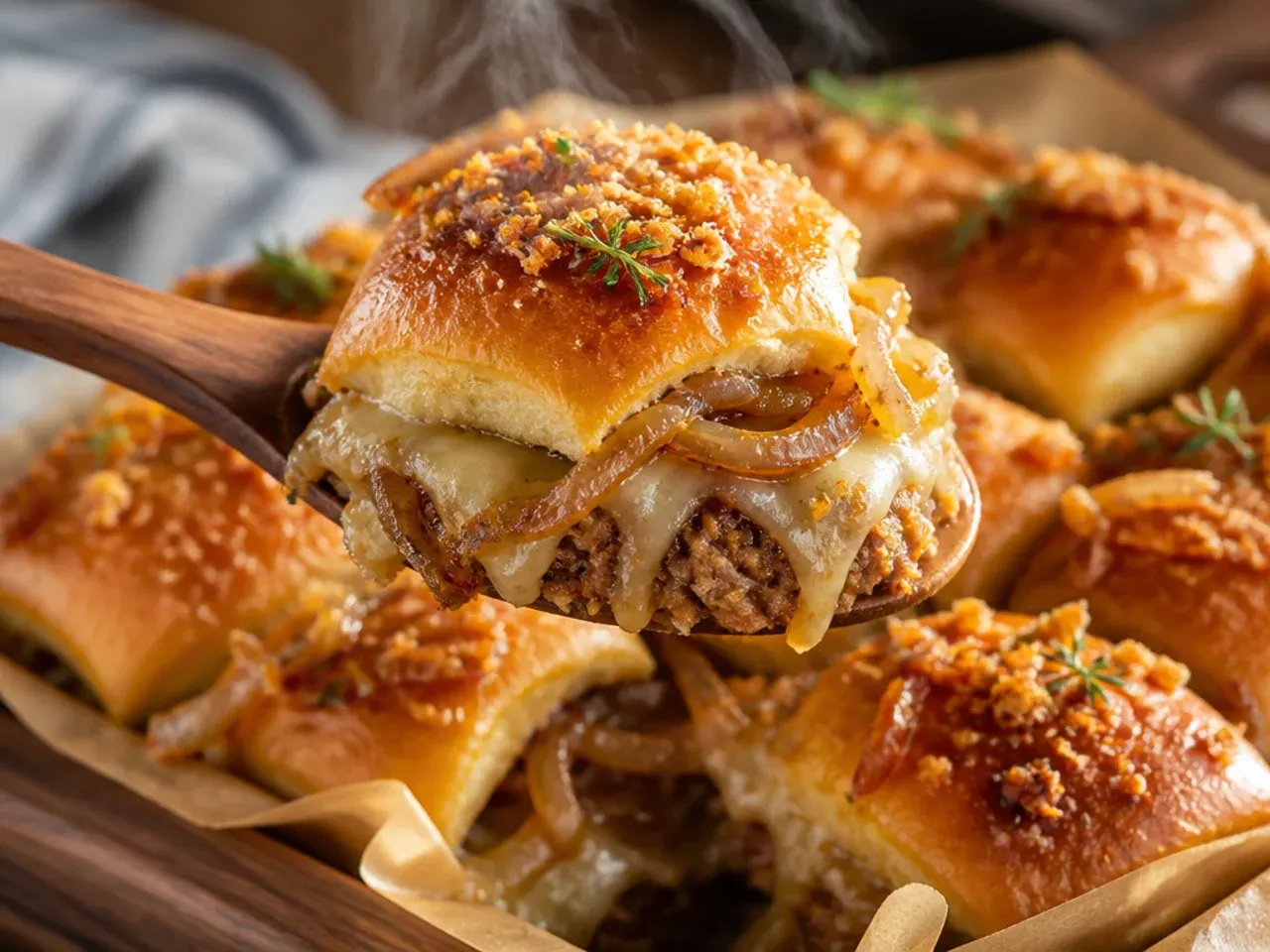 French onion sliders topped with melted Gruyere and caramelized onions