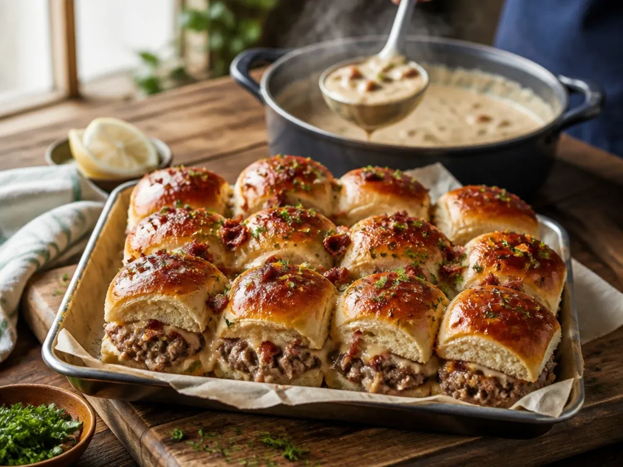 Ranch bacon sliders topped with chopped chives and melted cheddar