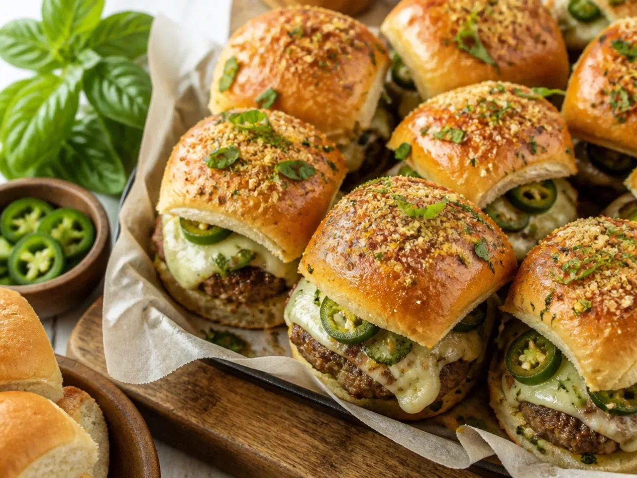 Spicy pepper jack sliders topped with sliced pickled jalapenos