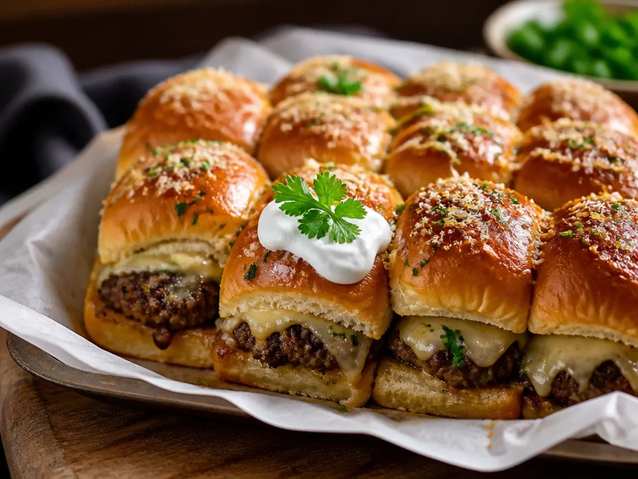Garlic butter parmesan sliders with a golden crusted top