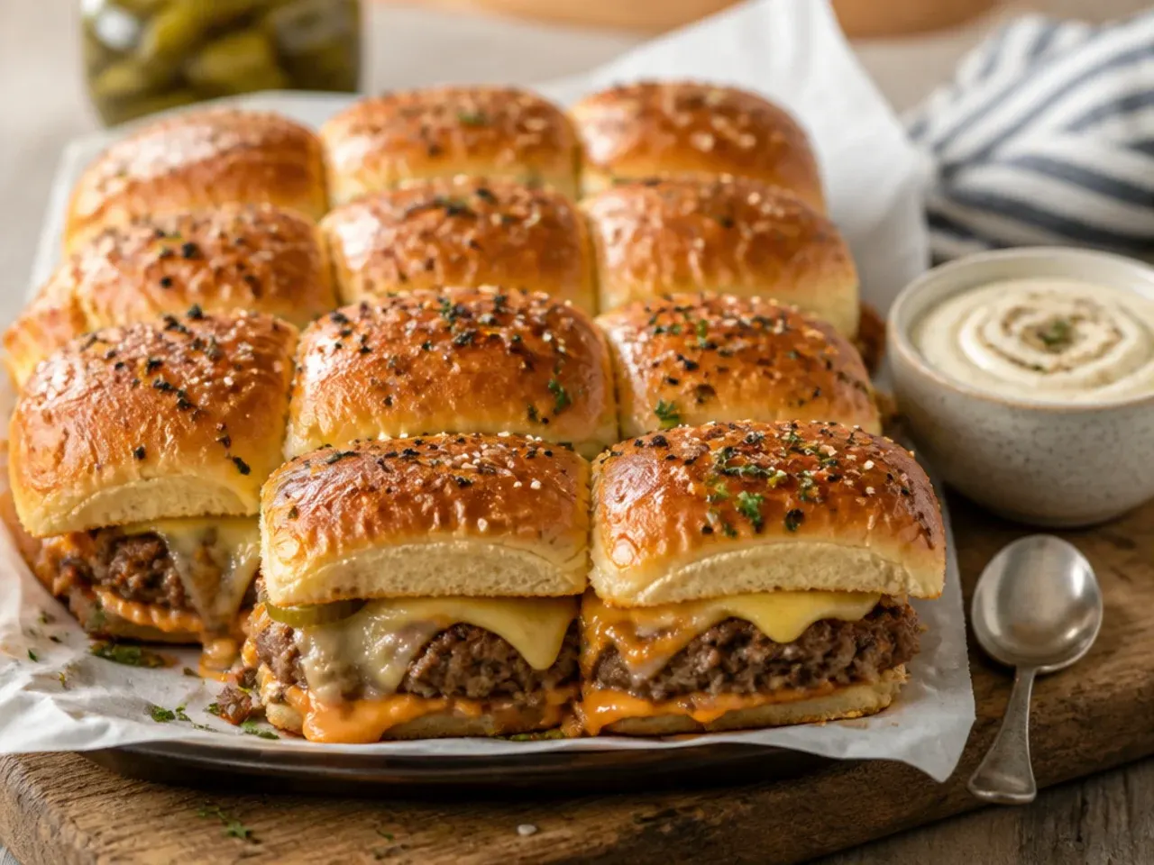 Two large trays of party sliders baked side by side for a crowd