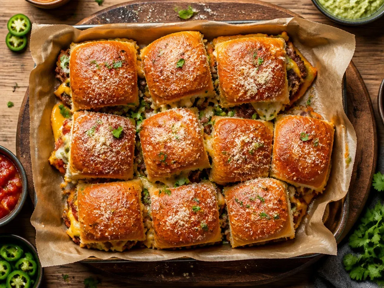 Tex-Mex sliders topped with fresh coriander and a lime wedge