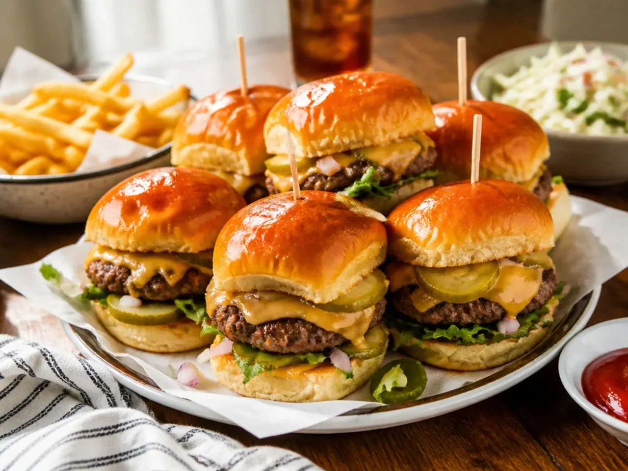 Tray of sliders served alongside coleslaw and oven fries for a party spread