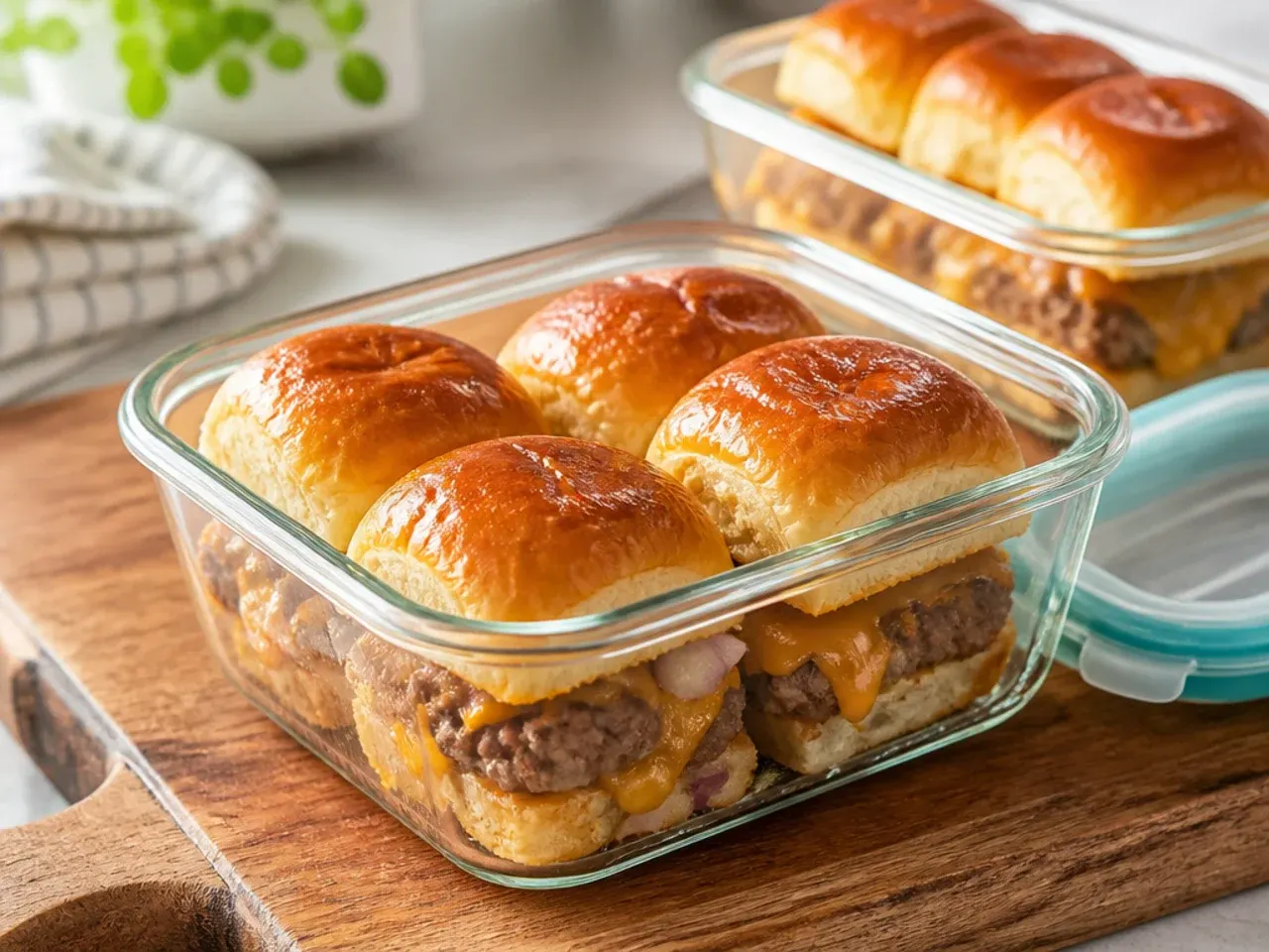 Leftover sliders being packed into an airtight container for storage