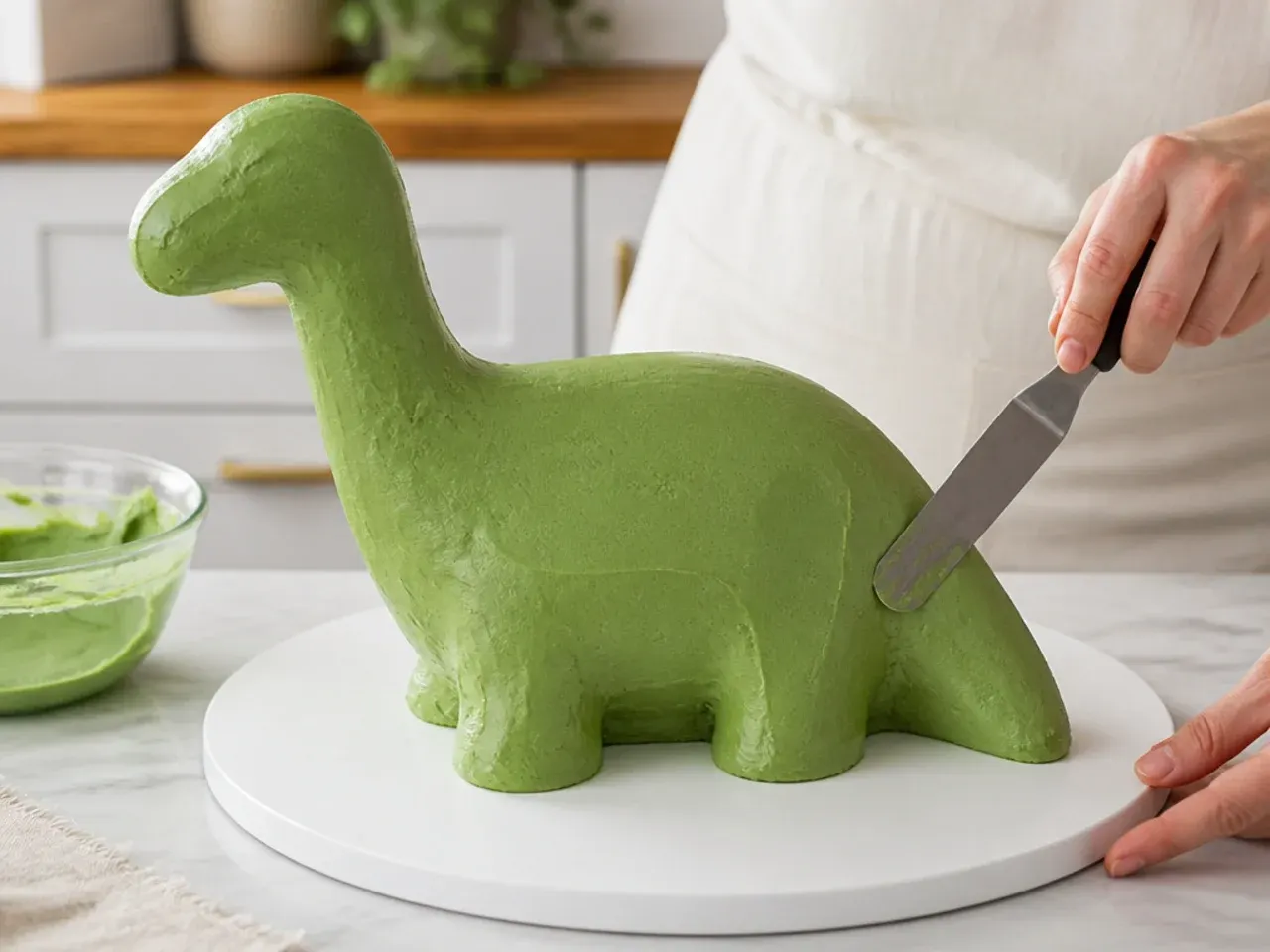 buttercream dinosaur cake — step 4: apply and chill the final green coat