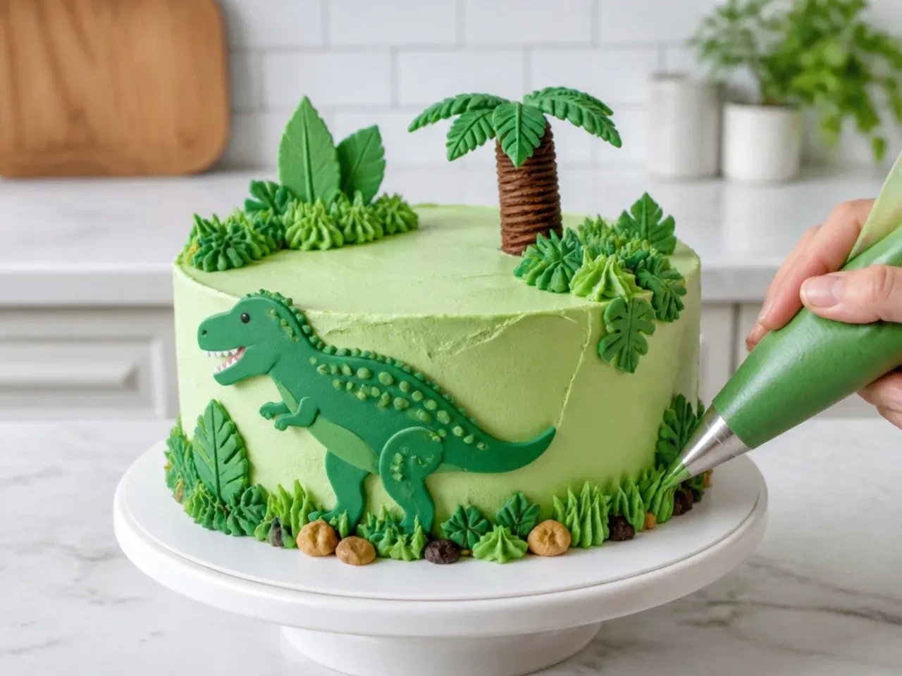 buttercream dinosaur cake — step 5: pipe the grass and jungle texture