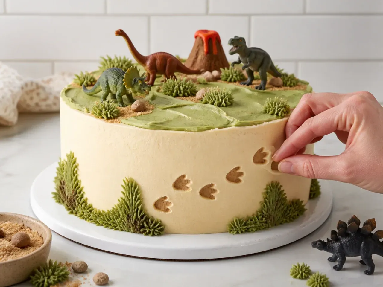 buttercream dinosaur cake — step 6: add footprints and toy dinosaurs