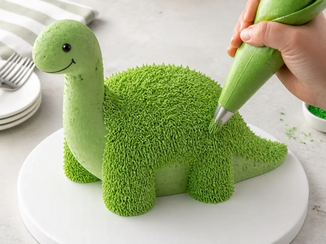 Green buttercream dinosaur cake being piped with grass texture using a Wilton grass tip