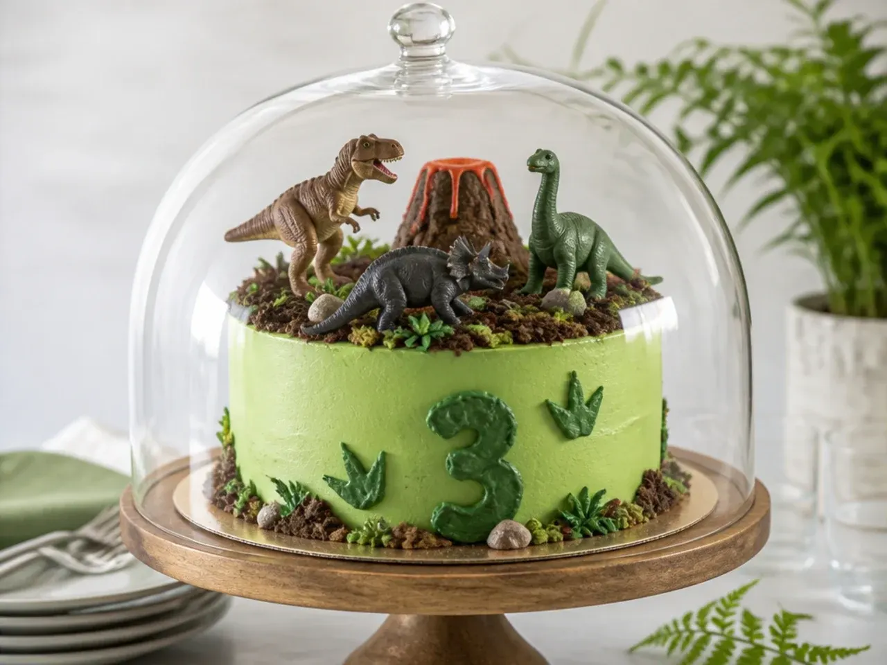 Finished green dinosaur cake stored under a glass cake dome with toy dinosaurs on top