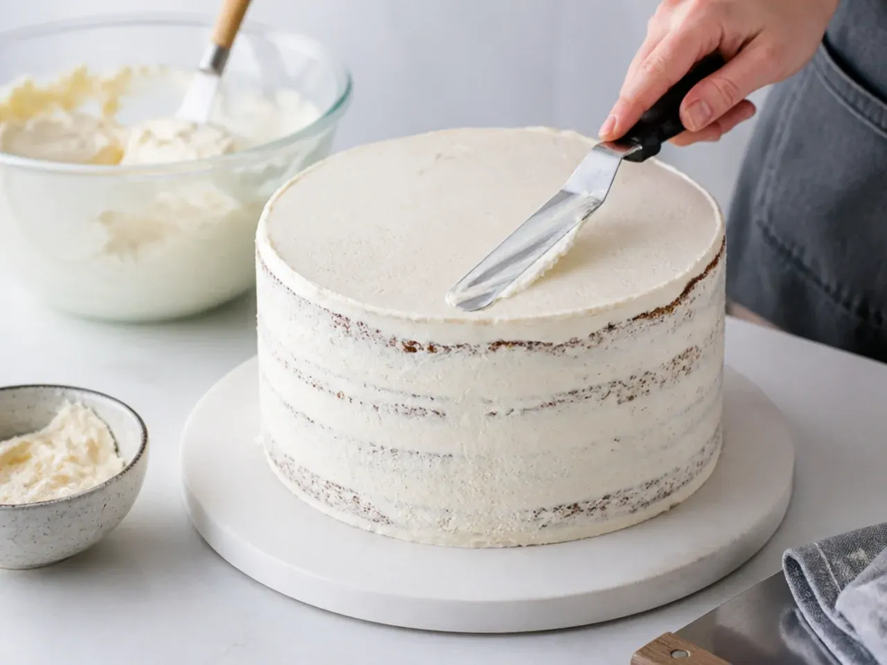 buttercream football cake — step 4: stack and crumb coat