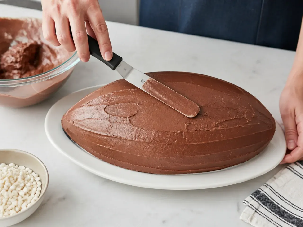 buttercream football cake — step 5: frost the football