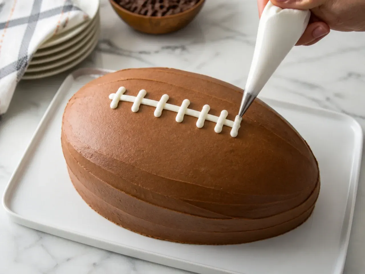 buttercream football cake — step 6: pipe the laces