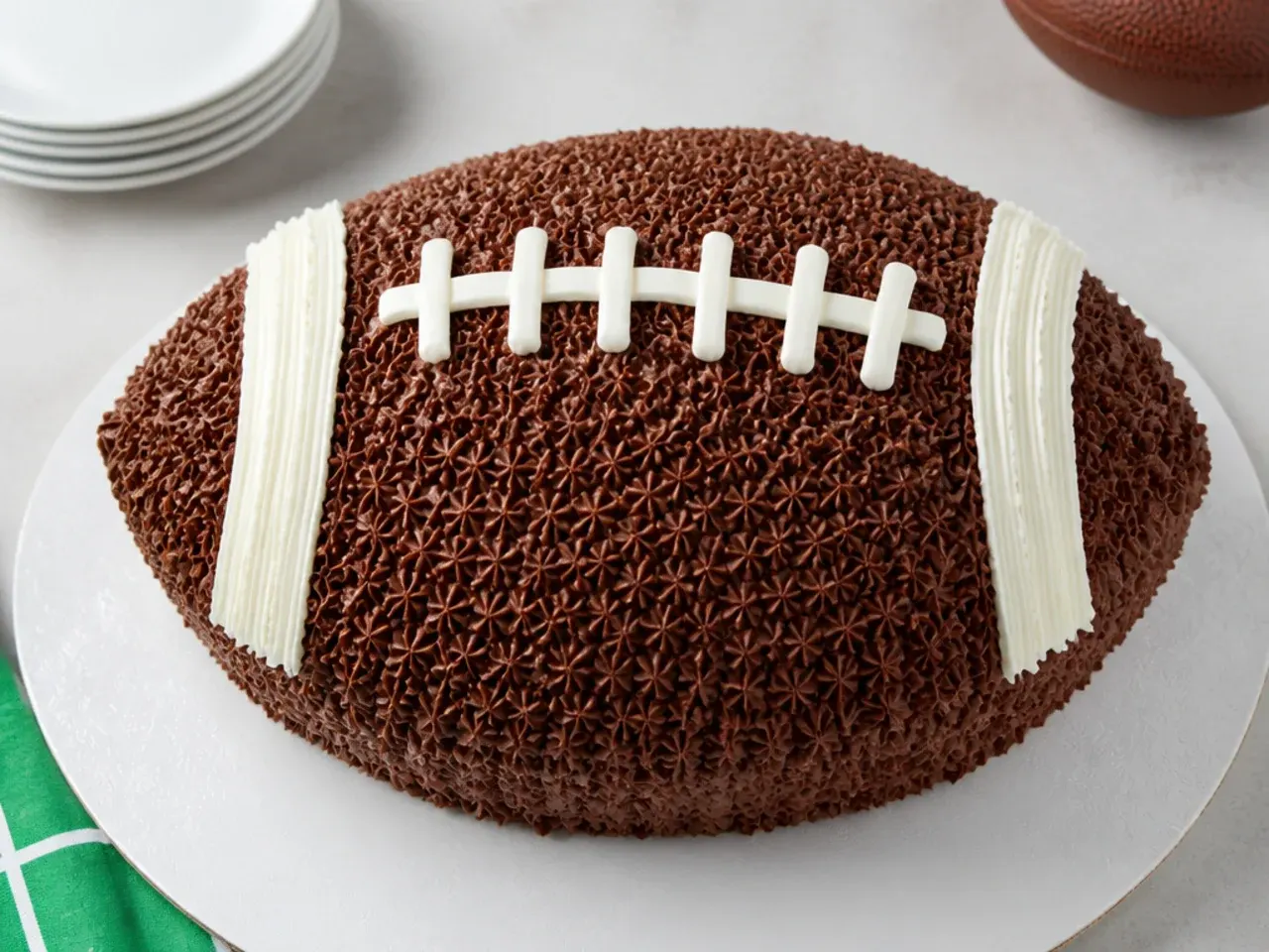 Buttercream football cake with piped white laces and textured chocolate frosting on a cake board
