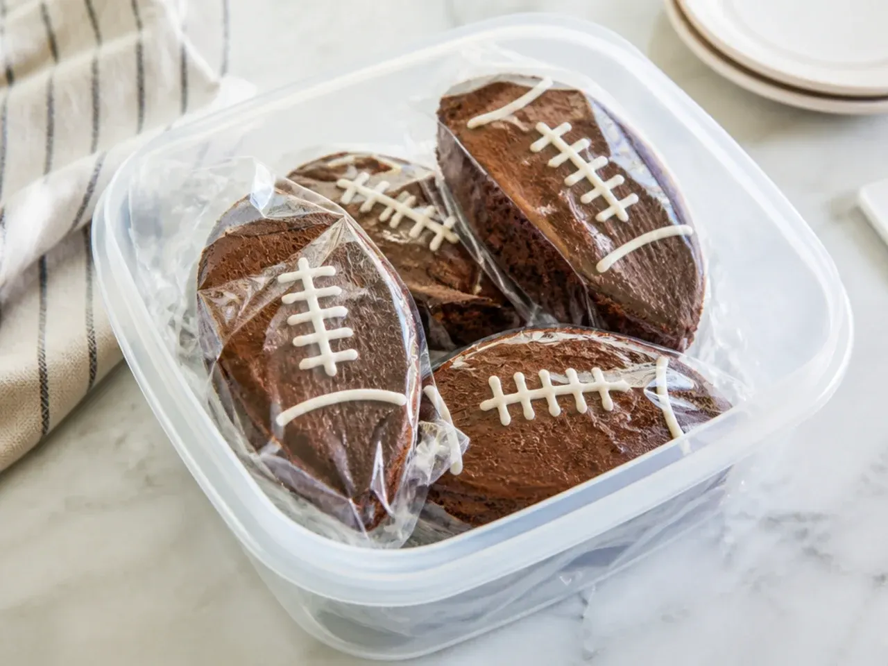 Chocolate football cake slices being wrapped and stored in an airtight container for make-ahead prep