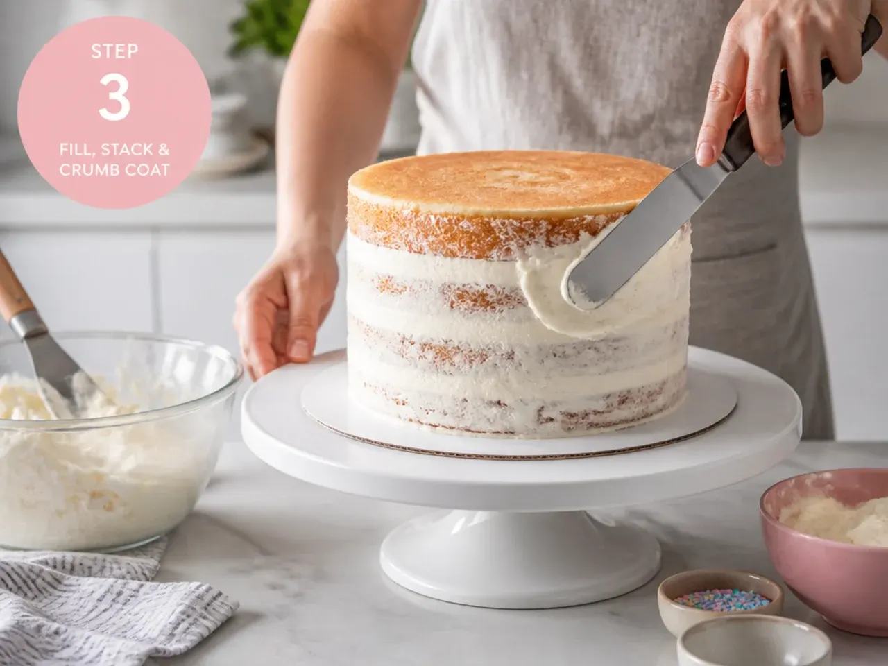 buttercream unicorn cake — step 3: fill, stack and crumb coat
