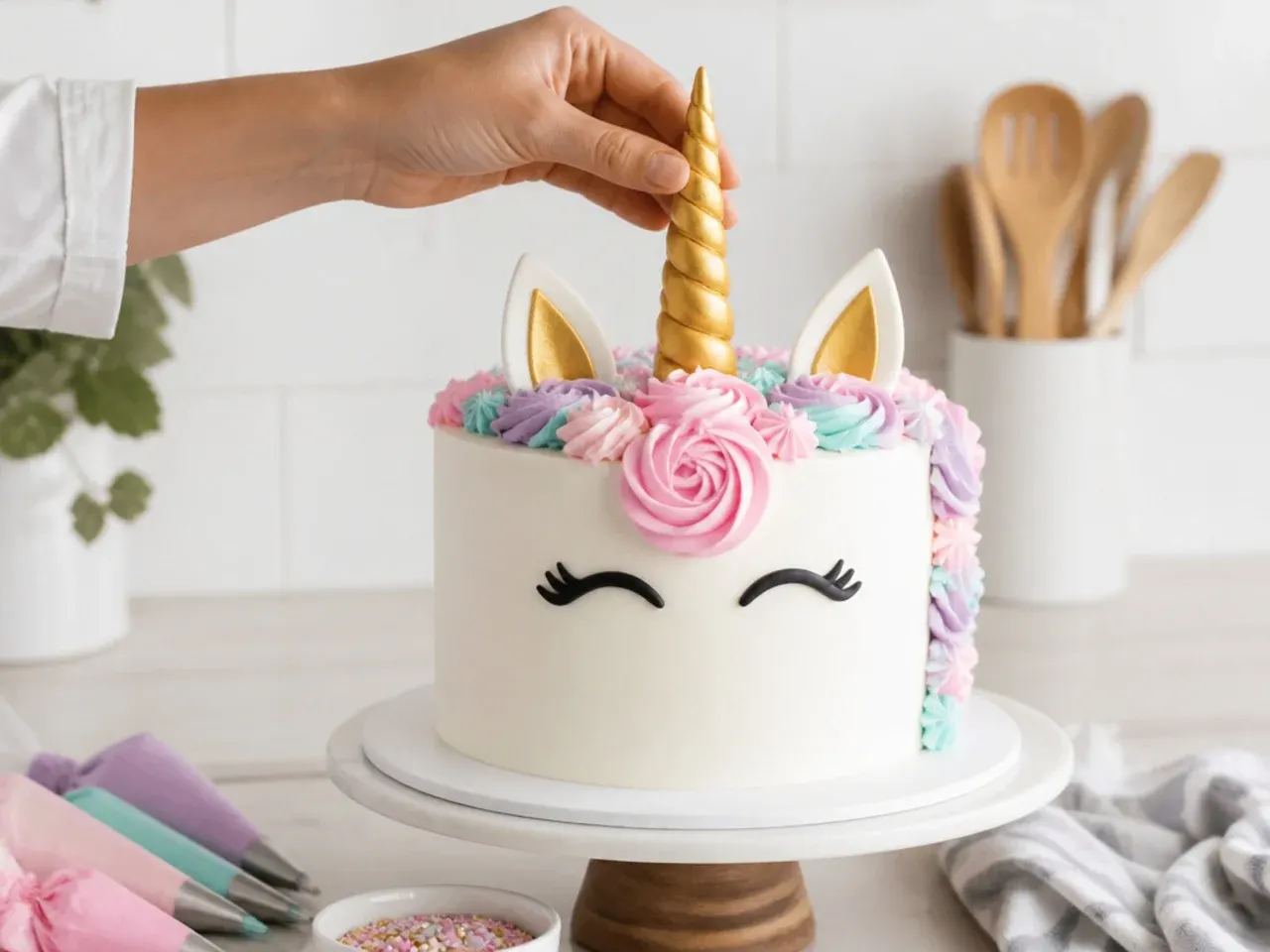 buttercream unicorn cake — step 5: add the horn, ears and eyes