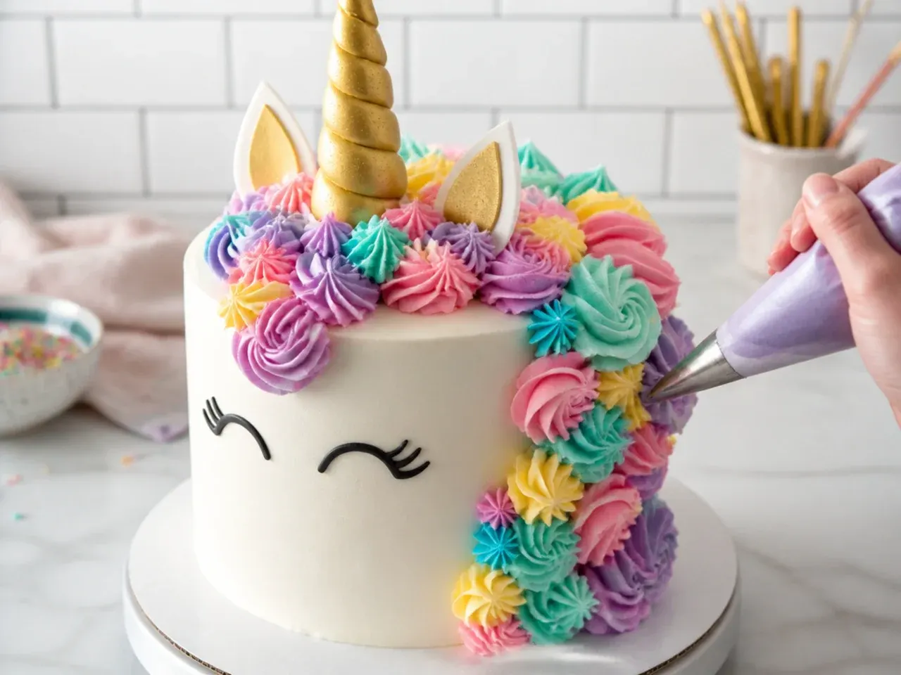 buttercream unicorn cake — step 6: pipe the rainbow mane