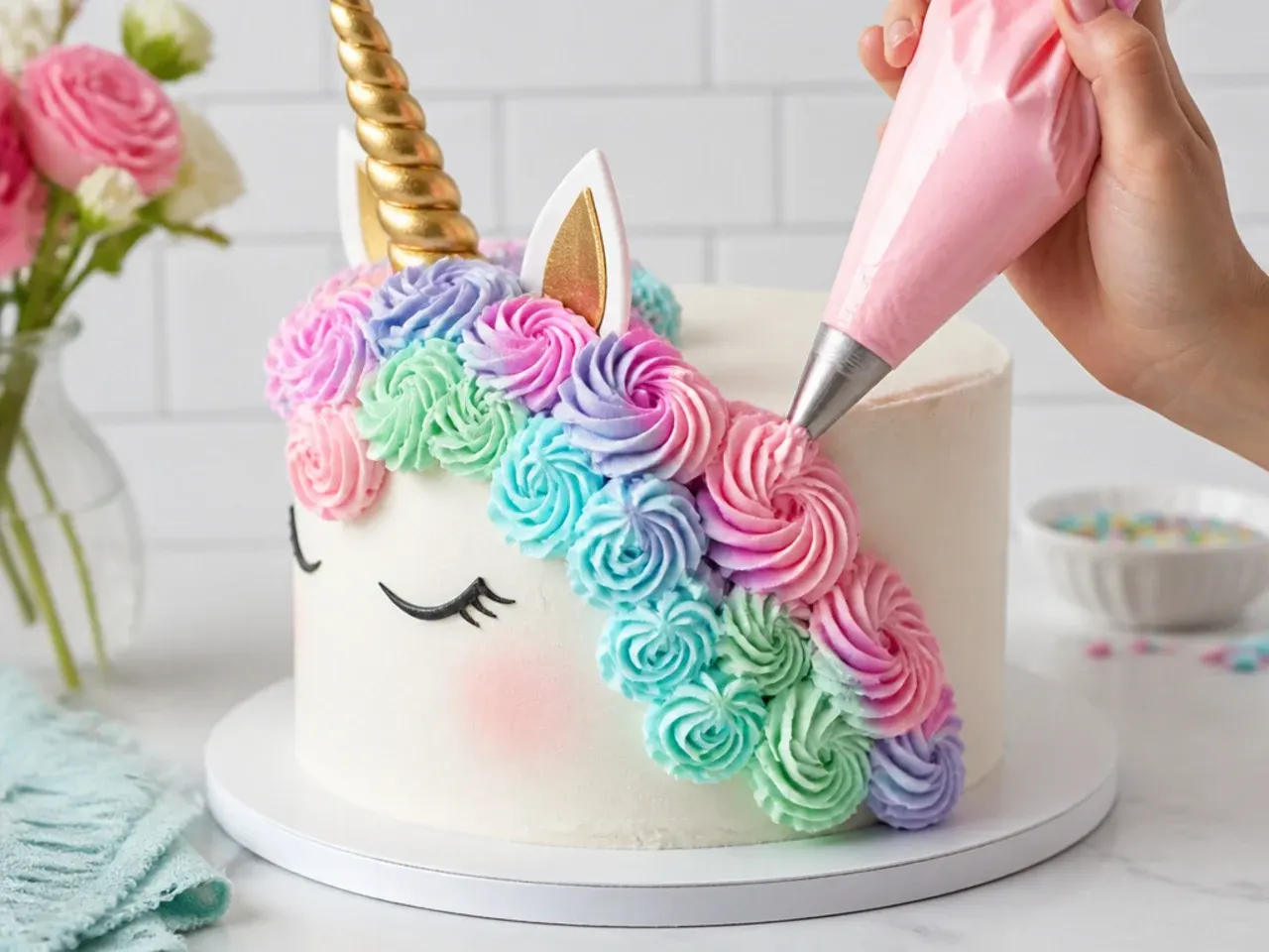 Piping pastel buttercream rosettes onto a unicorn cake mane with a 1M star tip
