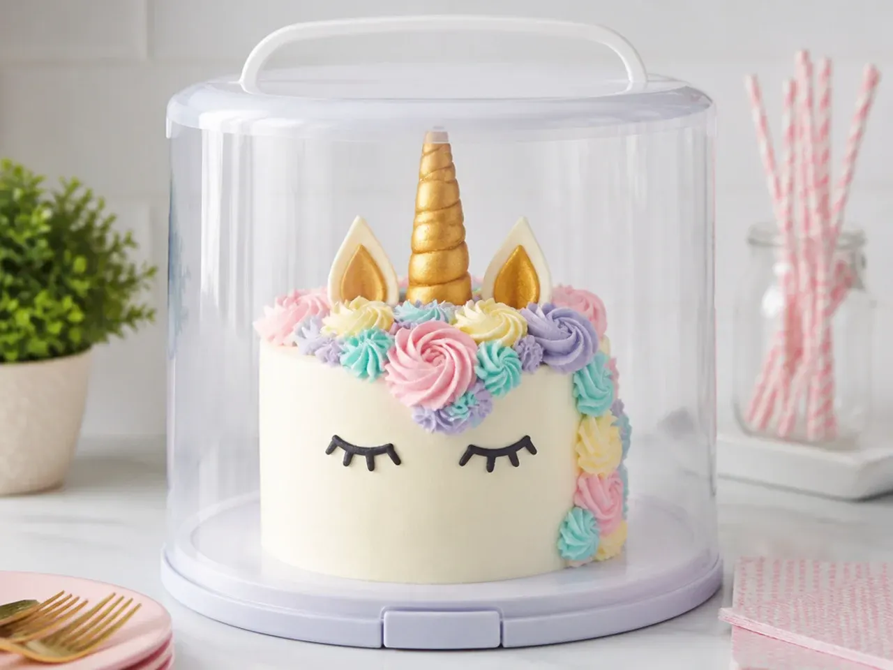 Buttercream unicorn birthday cake stored in a tall cake carrier ready for the party