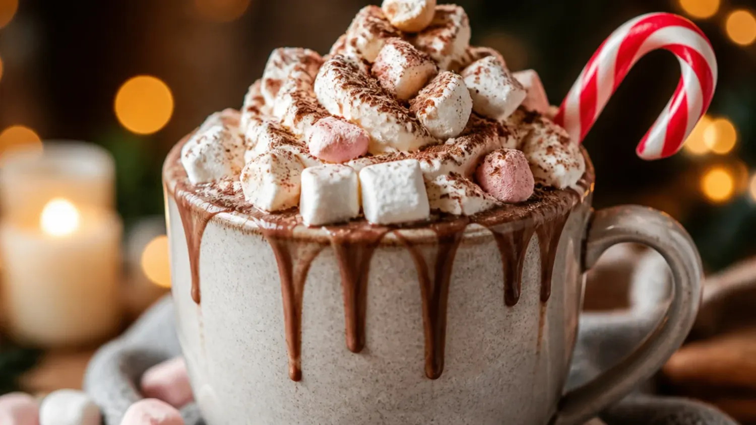 A steaming mug of dark cacao hot chocolate topped with a swirl of foam and cacao nibs, sitting on a wooden table with a cinnamon stick alongside