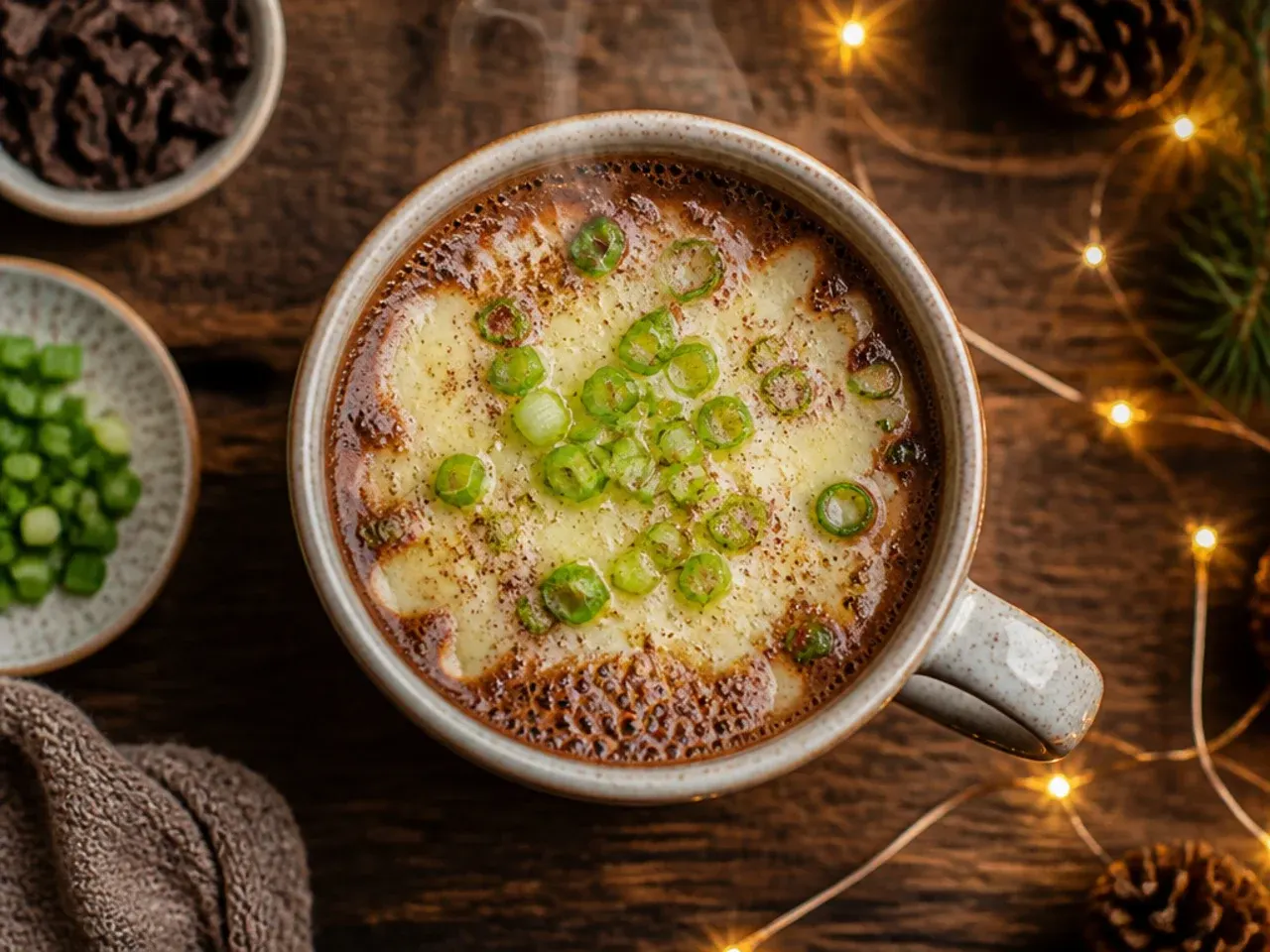 Close-up of a plain classic cacao hot chocolate being whisked smooth in a small saucepan