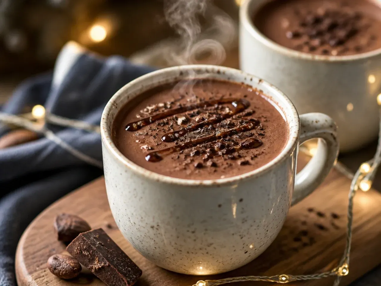 A single mug of simple three-ingredient cacao hot chocolate being stirred with a spoon