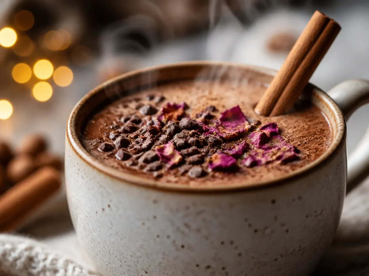 A mug of spiced cacao hot chocolate with a cinnamon stick resting across the rim and nutmeg dusted on top