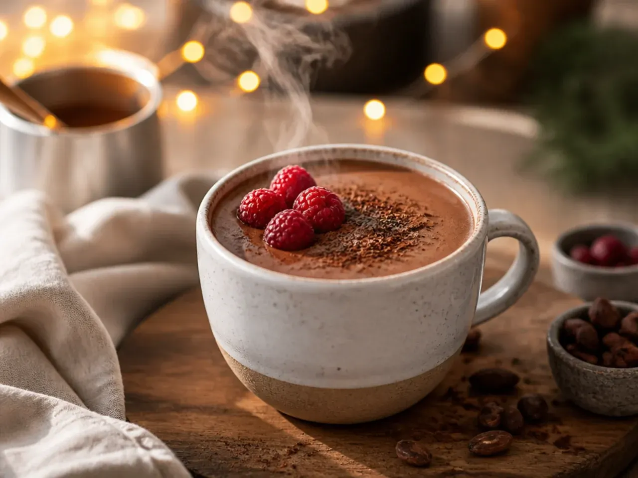 A mug of dairy-free oat milk cacao hot chocolate next to a carton of oat milk on a kitchen counter
