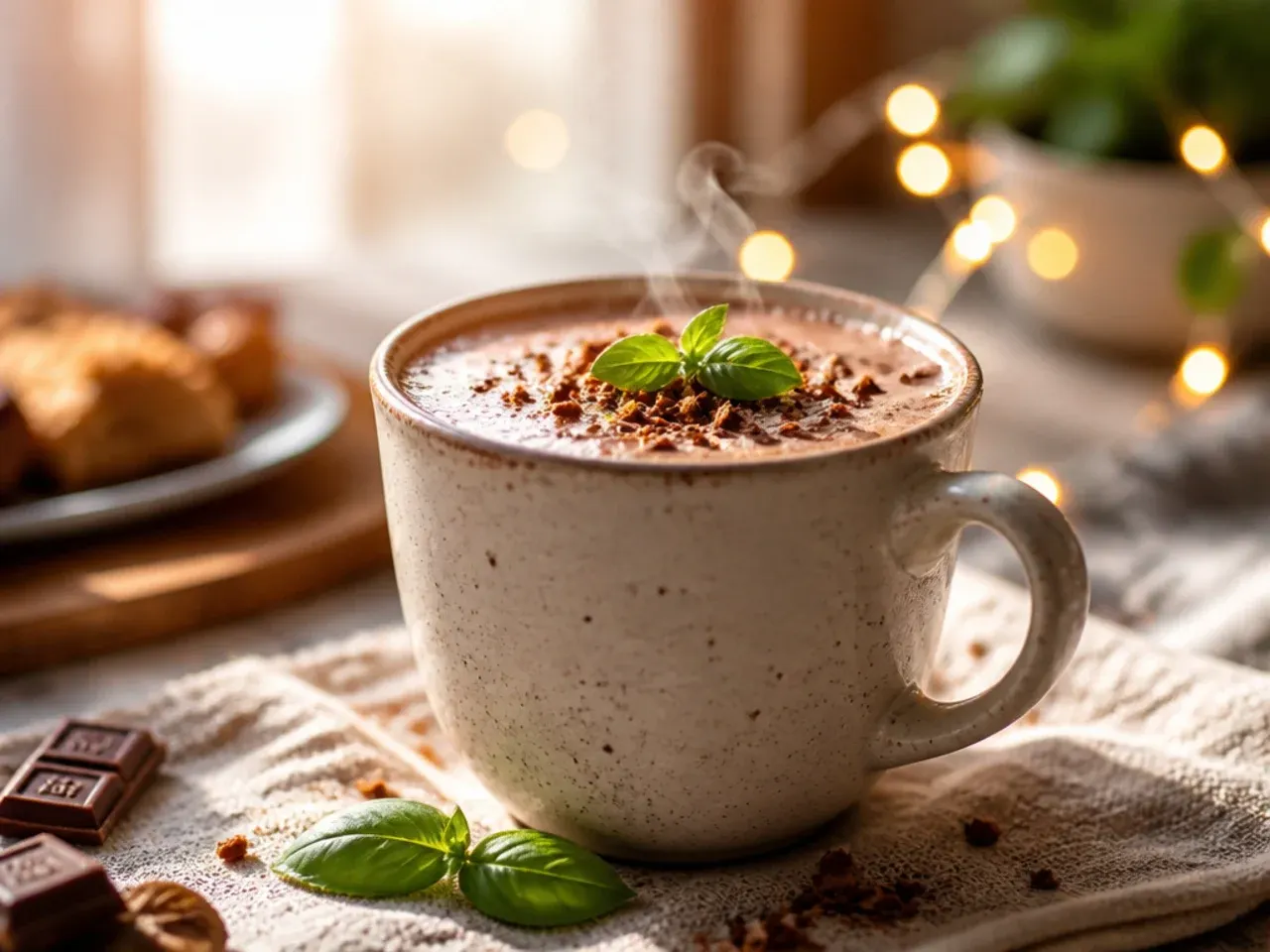 A creamy cacao hot chocolate topped with a thick layer of foam in a glass mug