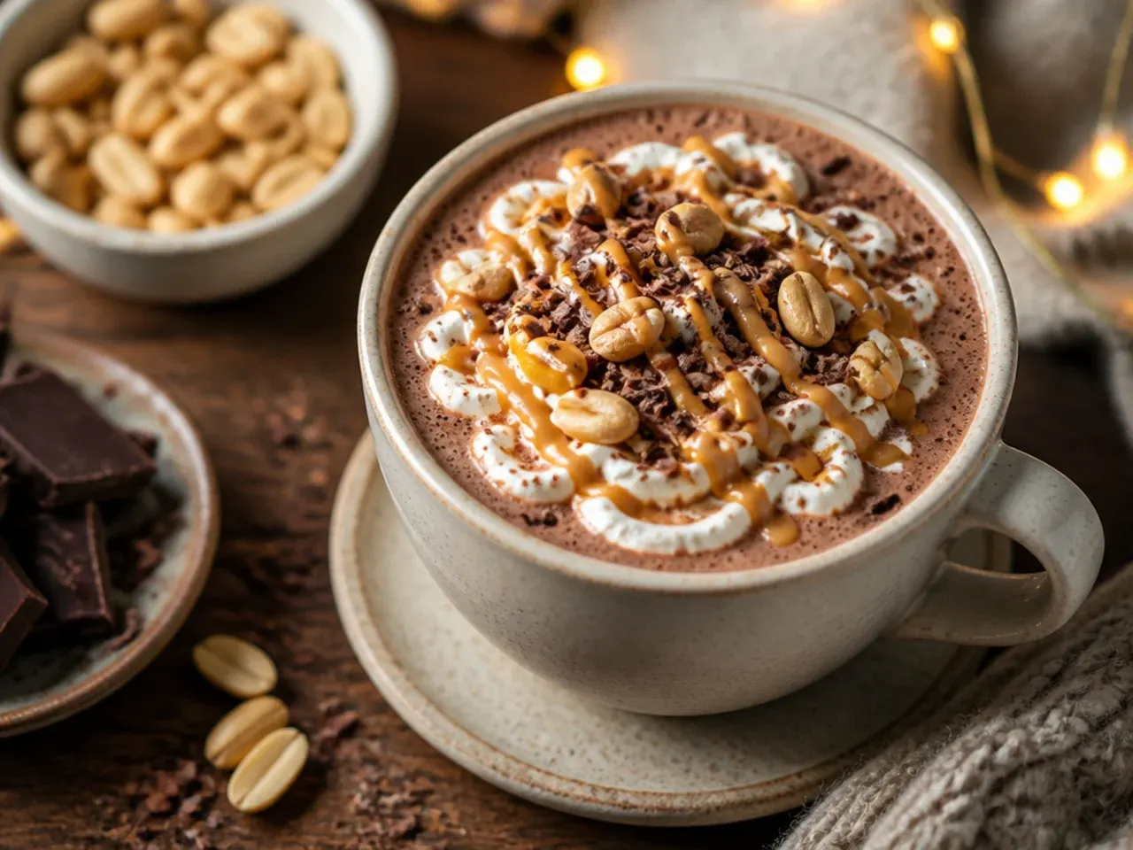 A mug of peanut butter cacao hot chocolate drizzled with melted peanut butter on top
