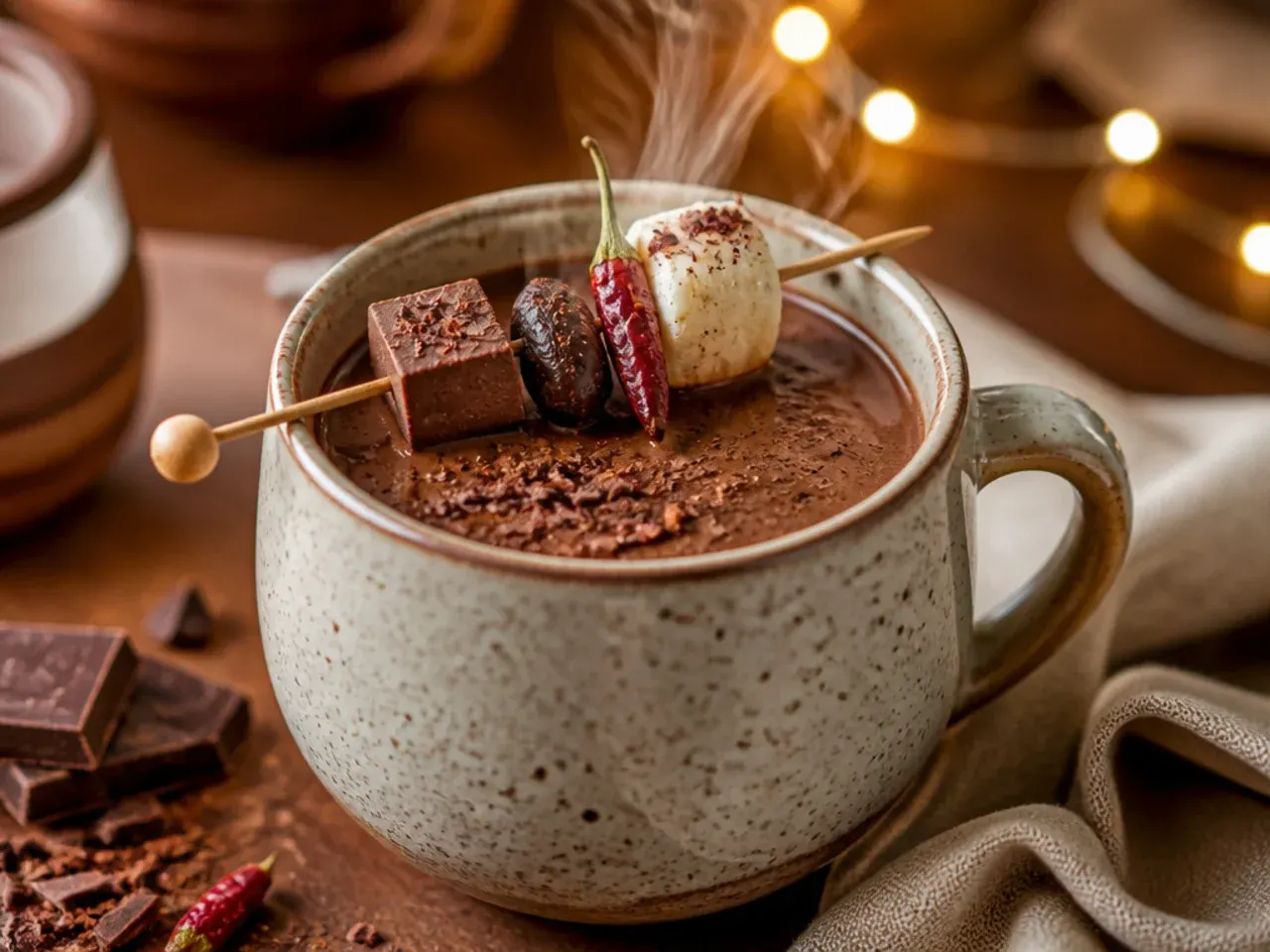 A frothy Mexican-style spiced cacao hot chocolate with cinnamon stick garnish in a rustic mug