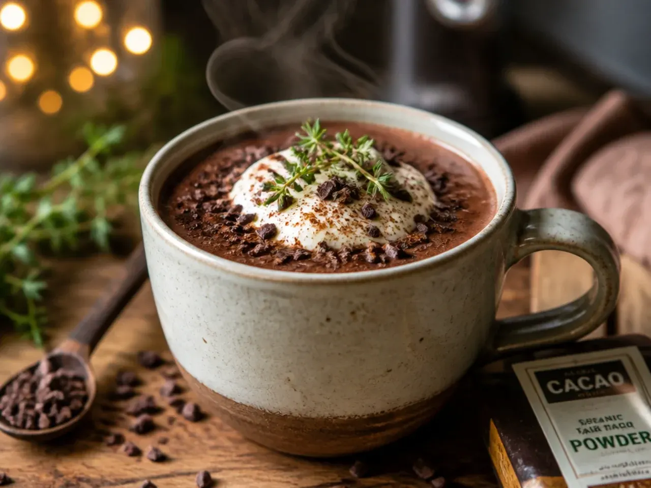 A cacao hot chocolate topped with whipped cream and crushed digestive biscuit crumbs, styled like a cheesecake drink