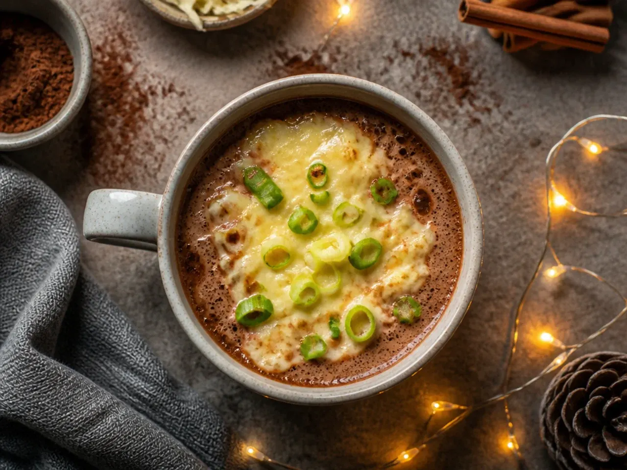 A simple, no-frills mug of budget cacao hot chocolate on a plain kitchen counter