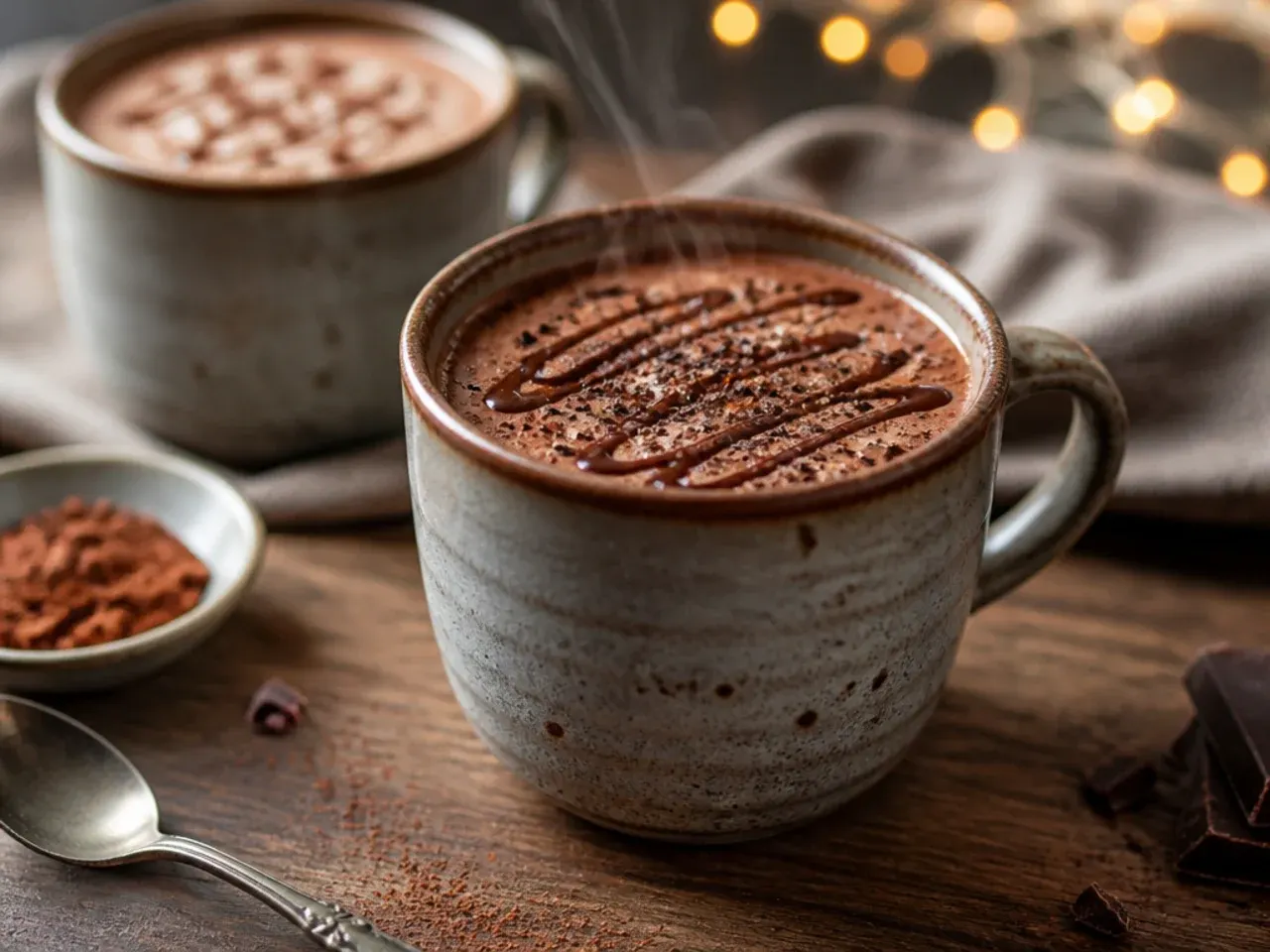 A large slow cooker of batch cacao hot chocolate with a ladle and a toppings station of marshmallows and cinnamon nearby