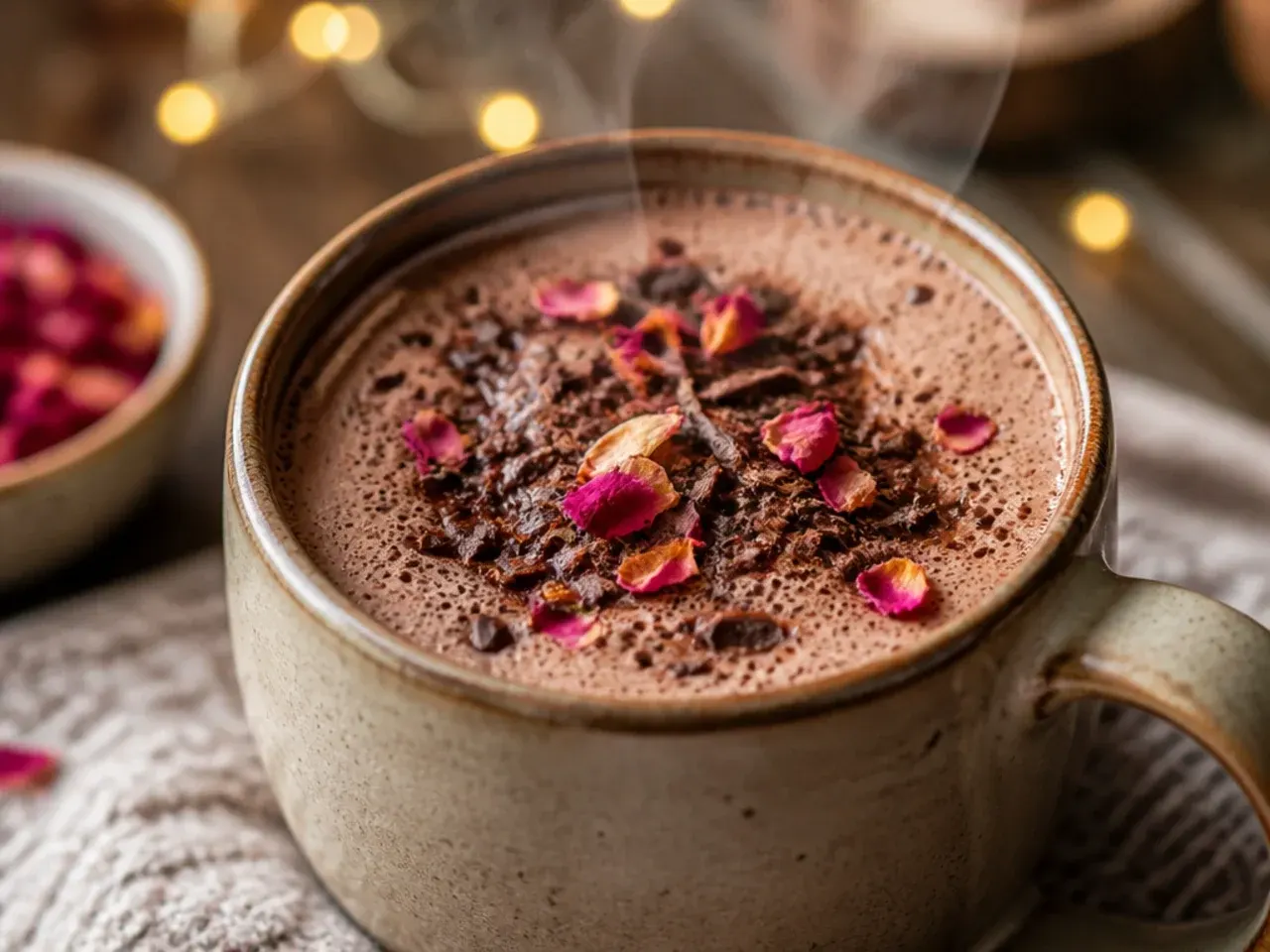 A small glass jar of dark cacao hot chocolate concentrate next to a mug of hot milk ready to be combined