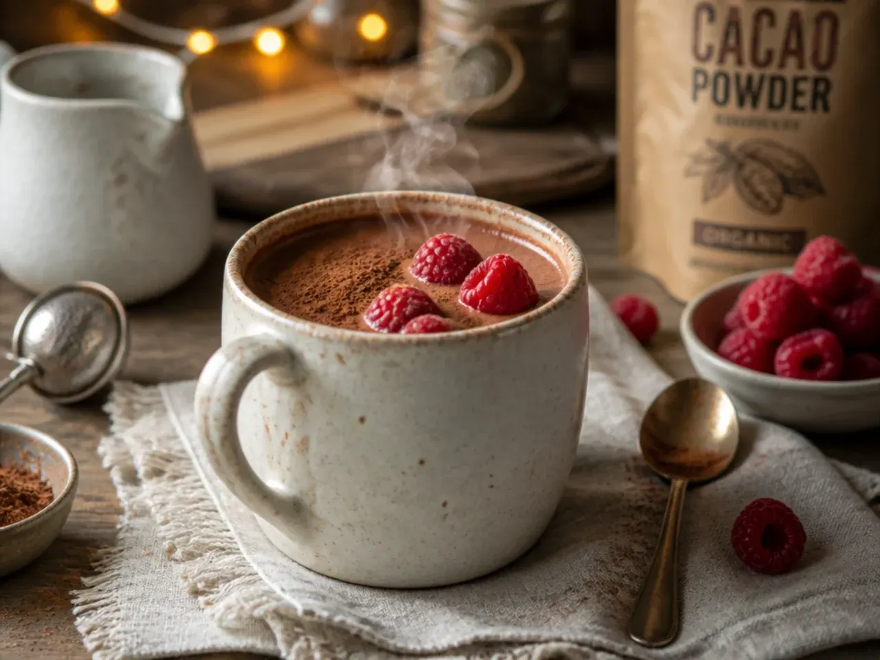 Two mugs of mild cacao hot chocolate topped with mini marshmallows, set up for a family movie night