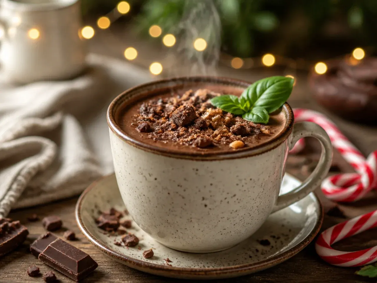A festive peppermint cacao hot chocolate topped with whipped cream and crushed candy cane pieces