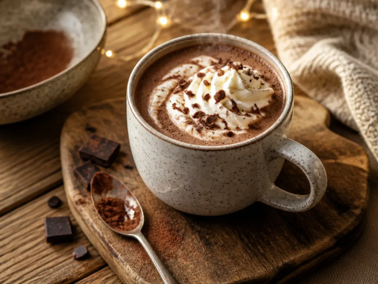 A mug of quick microwave cacao hot chocolate being made with minimal ingredients on a kitchen counter